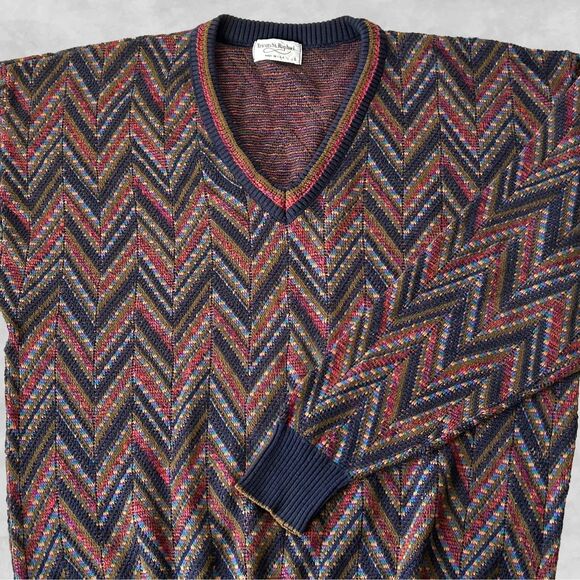 Tricots St Raphael Sweater Vintage 90s V Neck Zig Zag Jewel Tones-Men's Size L - Picture 1 of 9